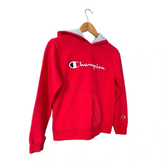 Champion Boys Classic Script Logo Hoodie Red Size Large - Picture 3 of 5